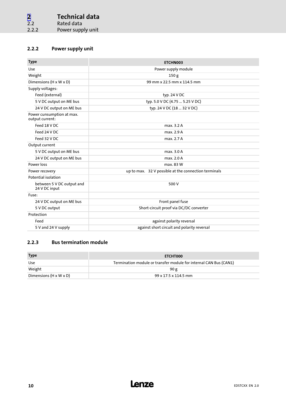 2 power supply unit, 3 bus termination module, Power supply unit | Bus termination module, Technical data | Lenze ETCxxxxx User Manual | Page 10 / 70