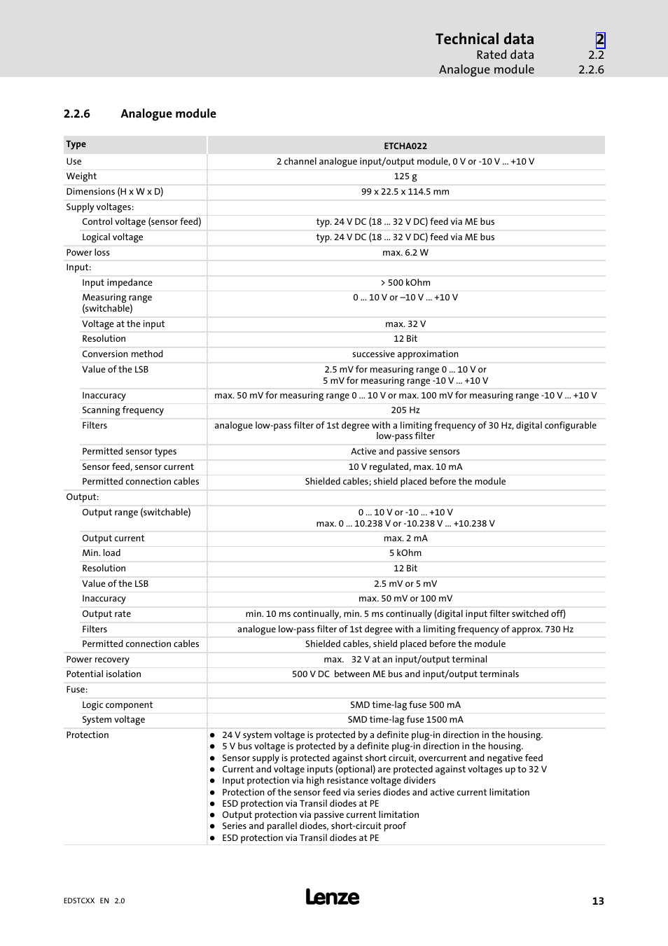 6 analogue module, Analogue module, Technical data | Lenze ETCxxxxx User Manual | Page 13 / 70