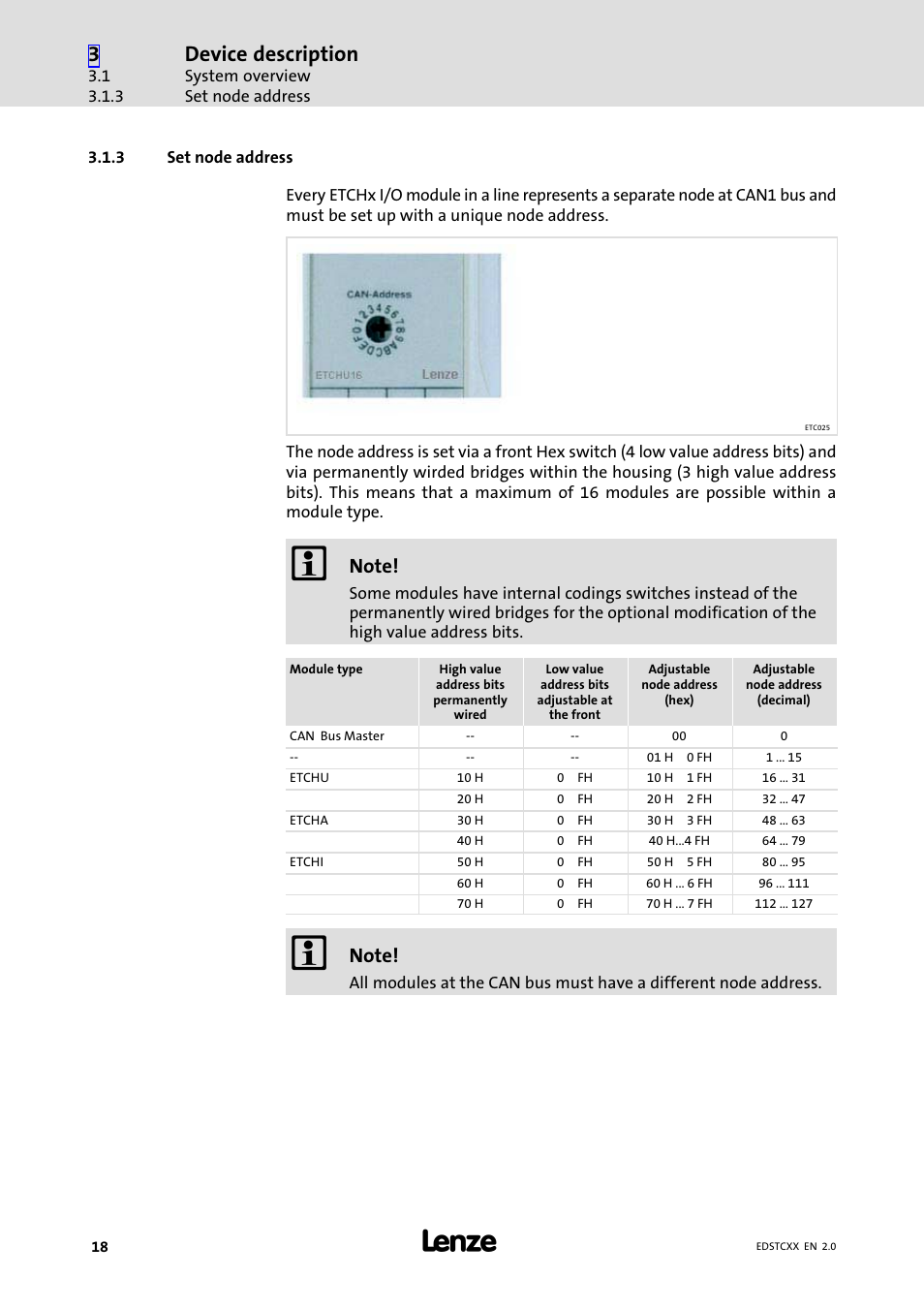 3 set node address, Set node address, Device description | Lenze ETCxxxxx User Manual | Page 18 / 70