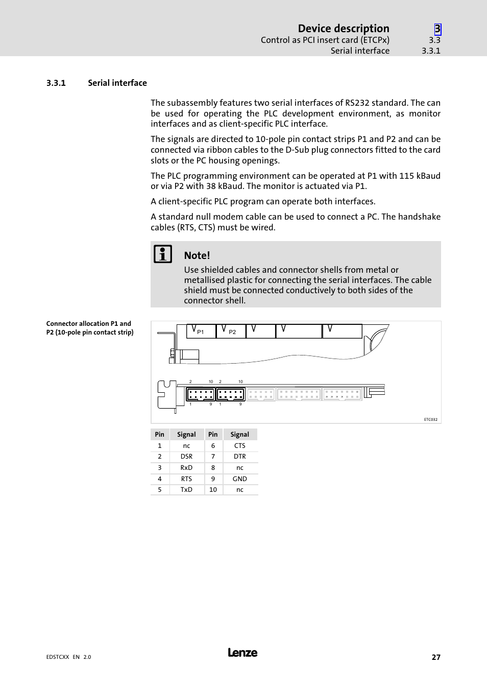 1 serial interface, Serial interface, Device description | Lenze ETCxxxxx User Manual | Page 27 / 70