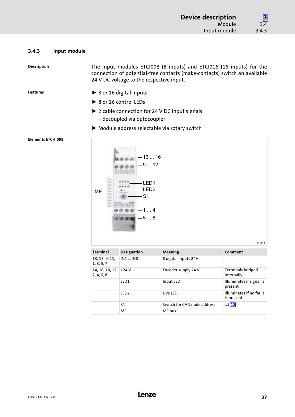 3 input module, Input module, Device description | Lenze ETCxxxxx User Manual | Page 37 / 70