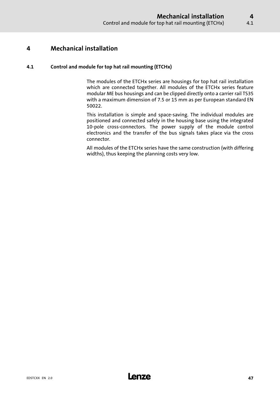 4 mechanical installation, Mechanical installation | Lenze ETCxxxxx User Manual | Page 47 / 70