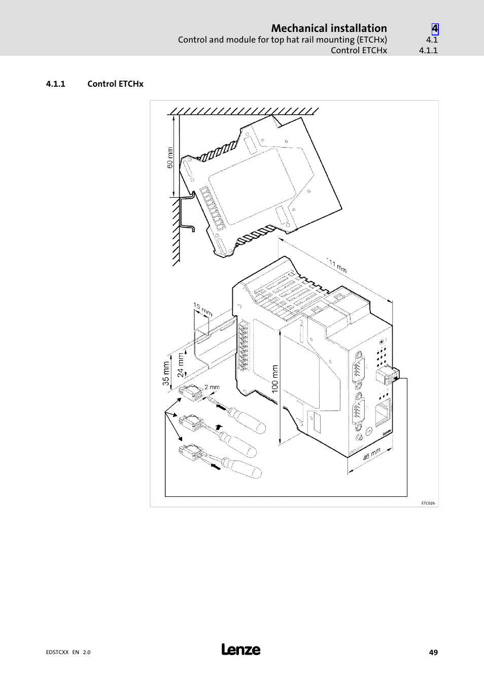 1 control etchx, Control etchx, Mechanical installation | Lenze ETCxxxxx User Manual | Page 49 / 70