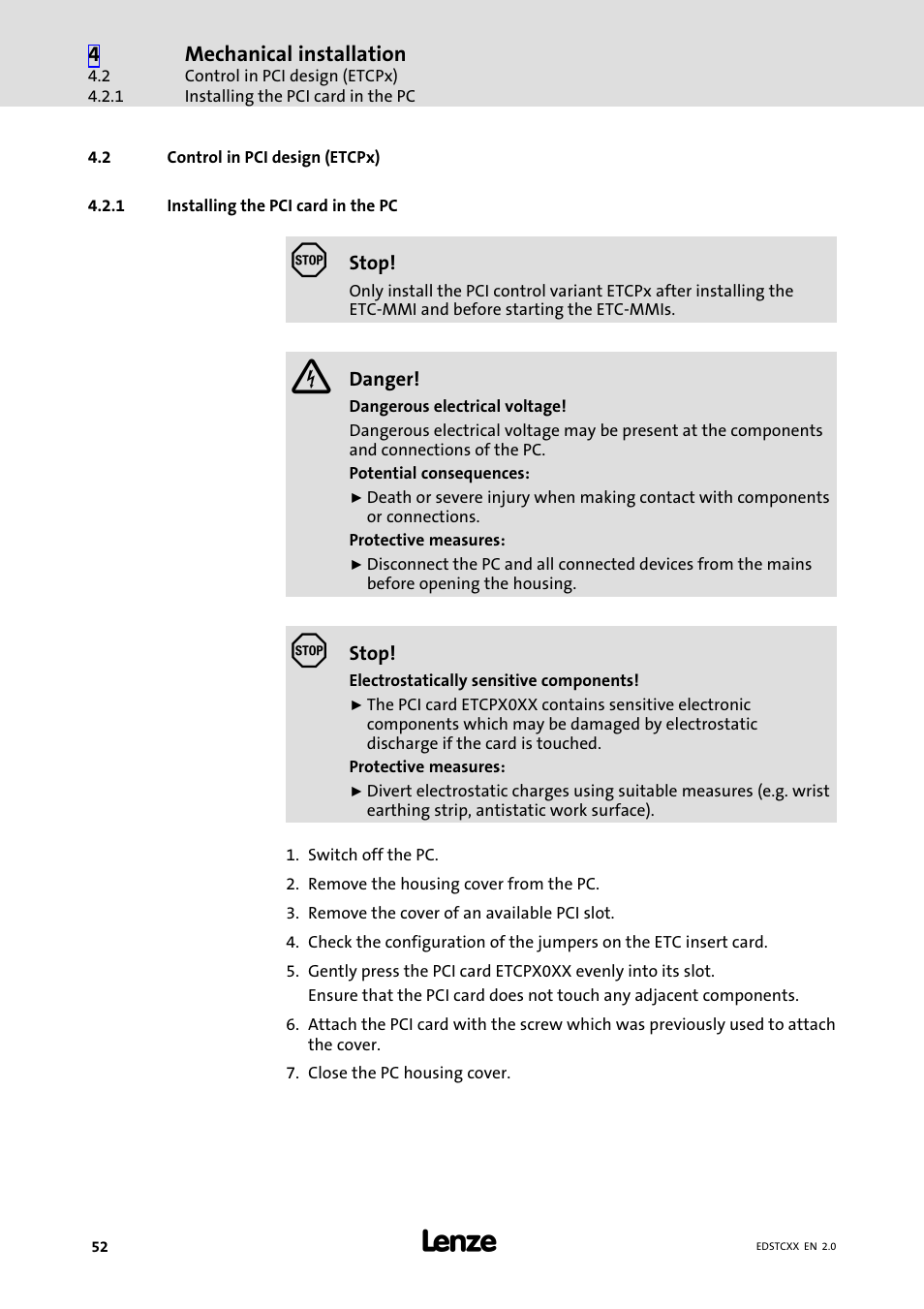 2 control in pci design (etcpx), 1 installing the pci card in the pc, Control in pci design (etcpx) | Installing the pci card in the pc | Lenze ETCxxxxx User Manual | Page 52 / 70