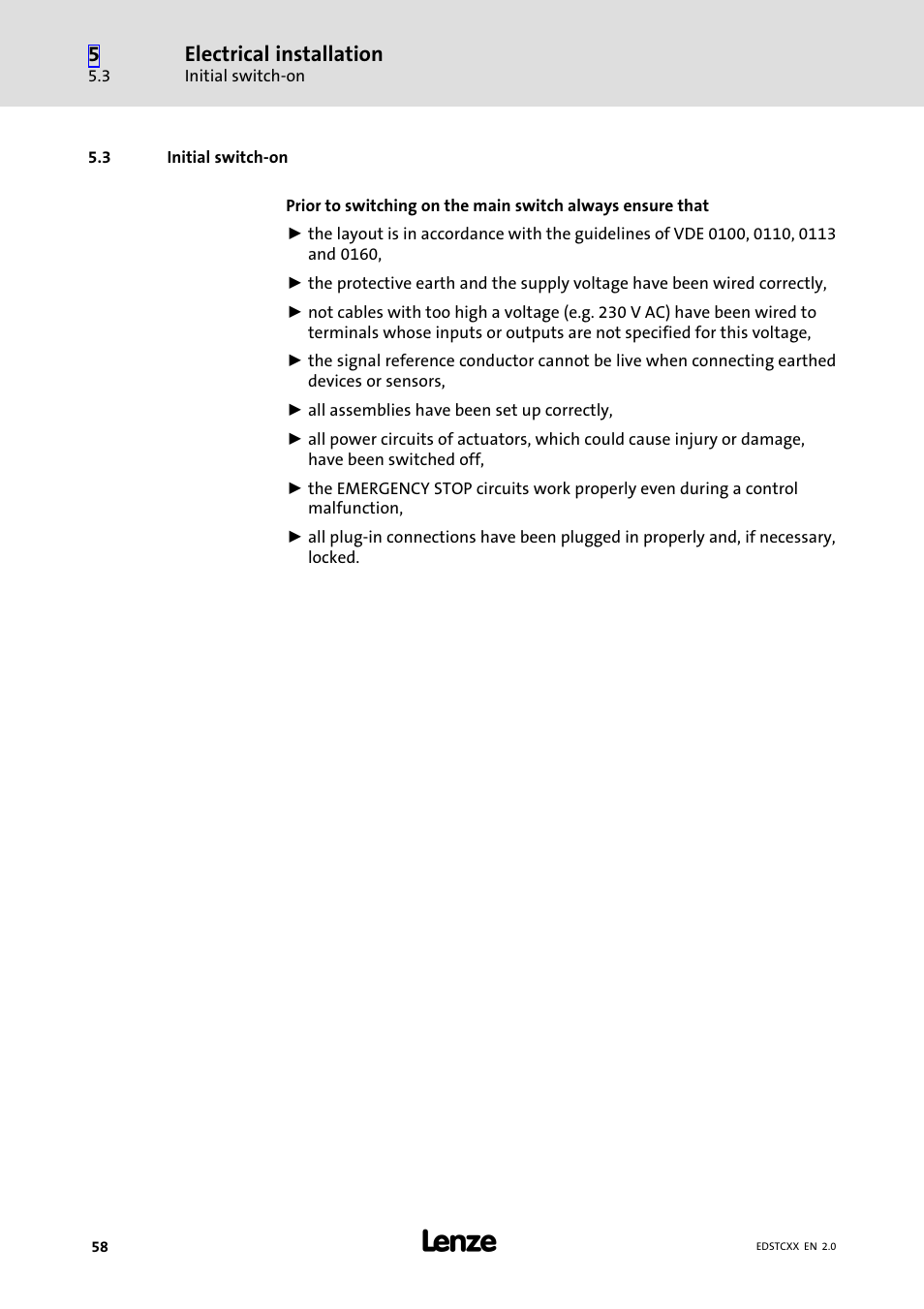 3 initial switch-on, Initial switch−on | Lenze ETCxxxxx User Manual | Page 58 / 70