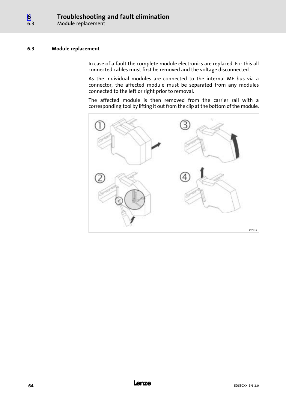 3 module replacement, Module replacement | Lenze ETCxxxxx User Manual | Page 64 / 70