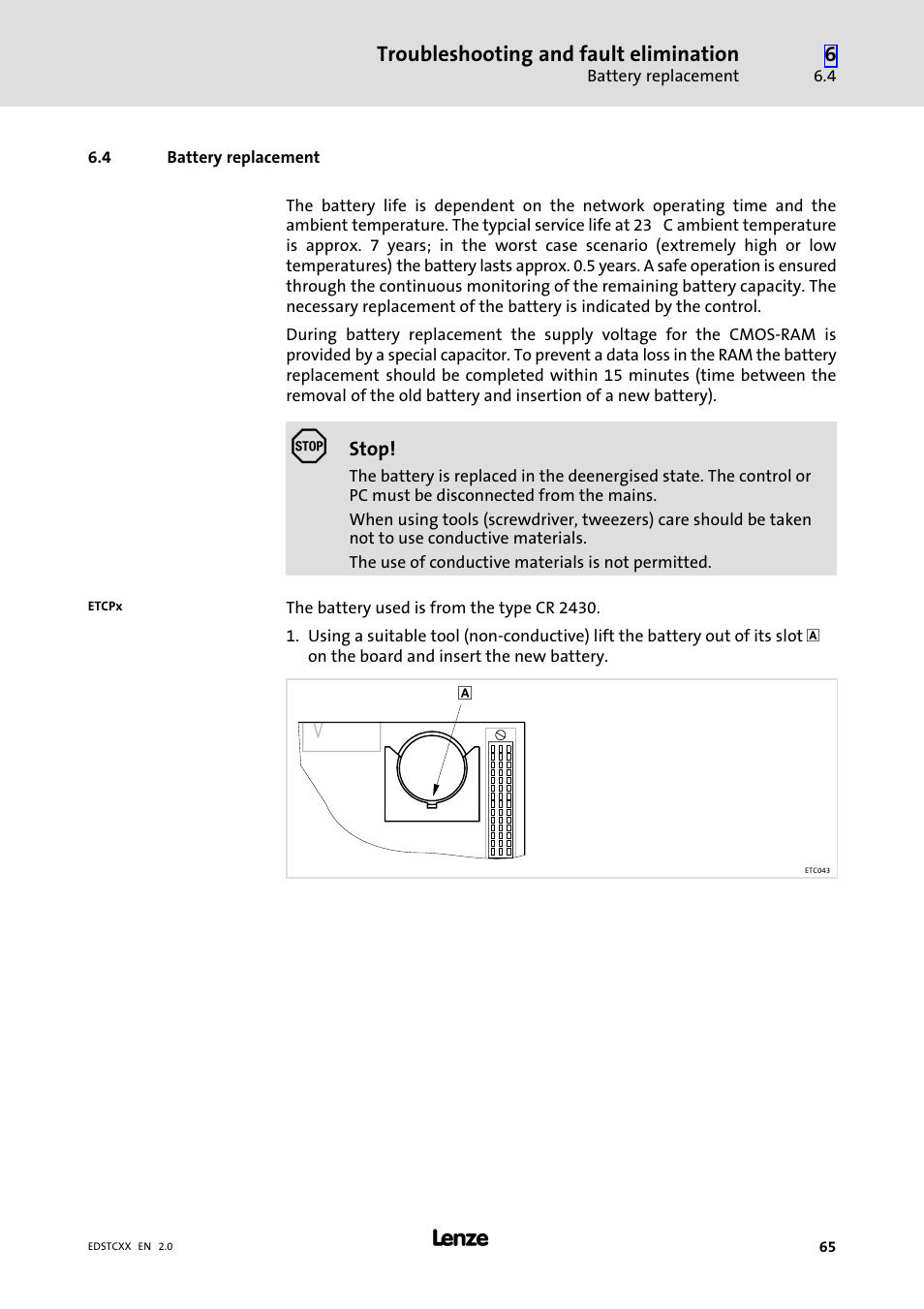 4 battery replacement, Battery replacement | Lenze ETCxxxxx User Manual | Page 65 / 70