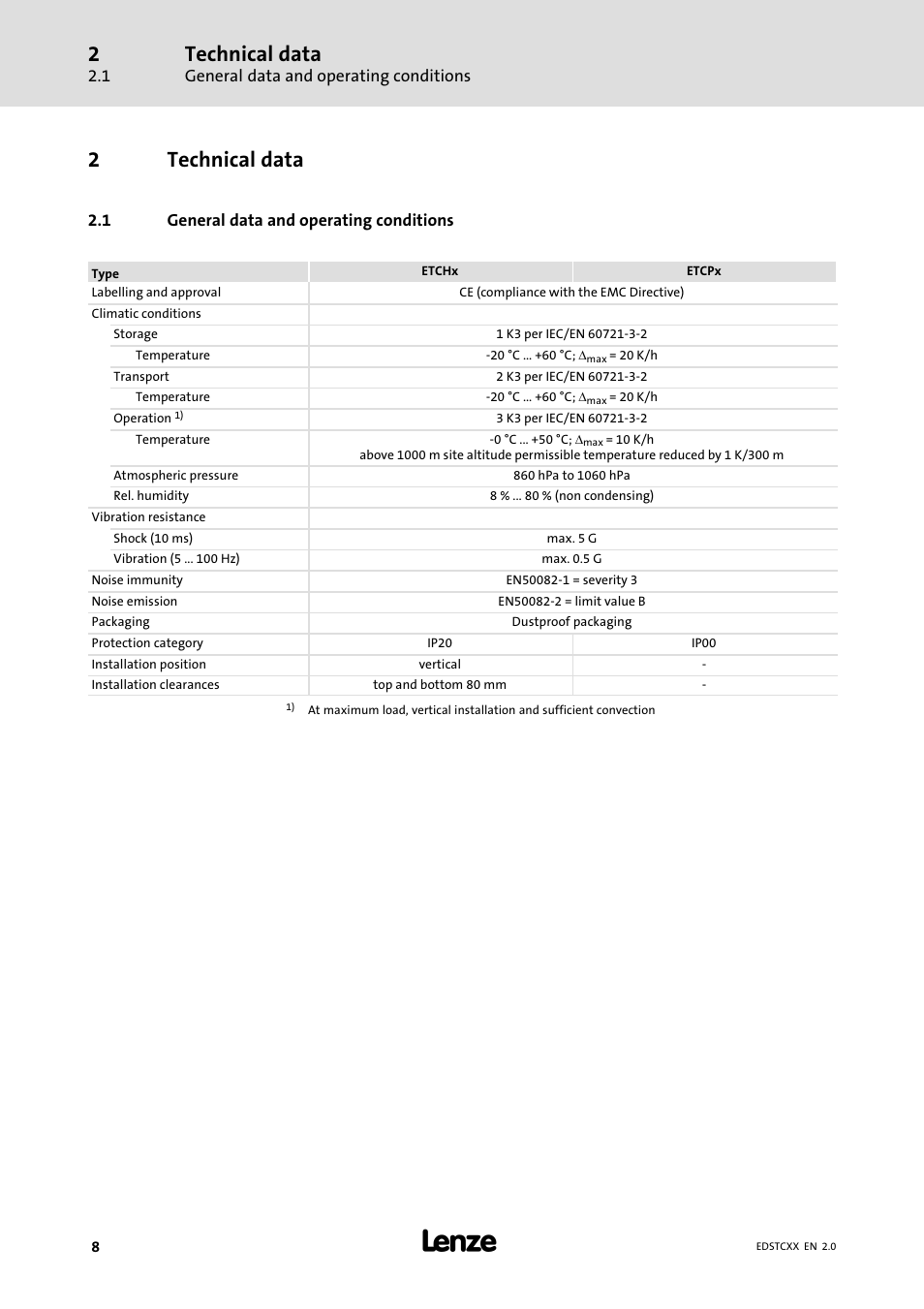 2 technical data, 1 general data and operating conditions, Technical data | General data and operating conditions, 2technical data | Lenze ETCxxxxx User Manual | Page 8 / 70