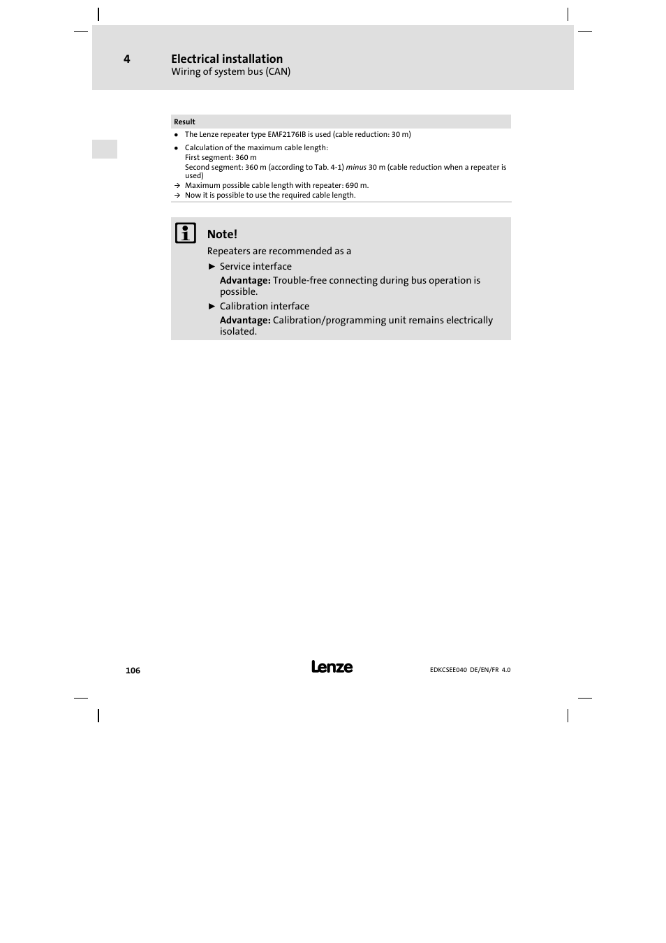 Electrical installation | Lenze ECSEExxx User Manual | Page 106 / 164