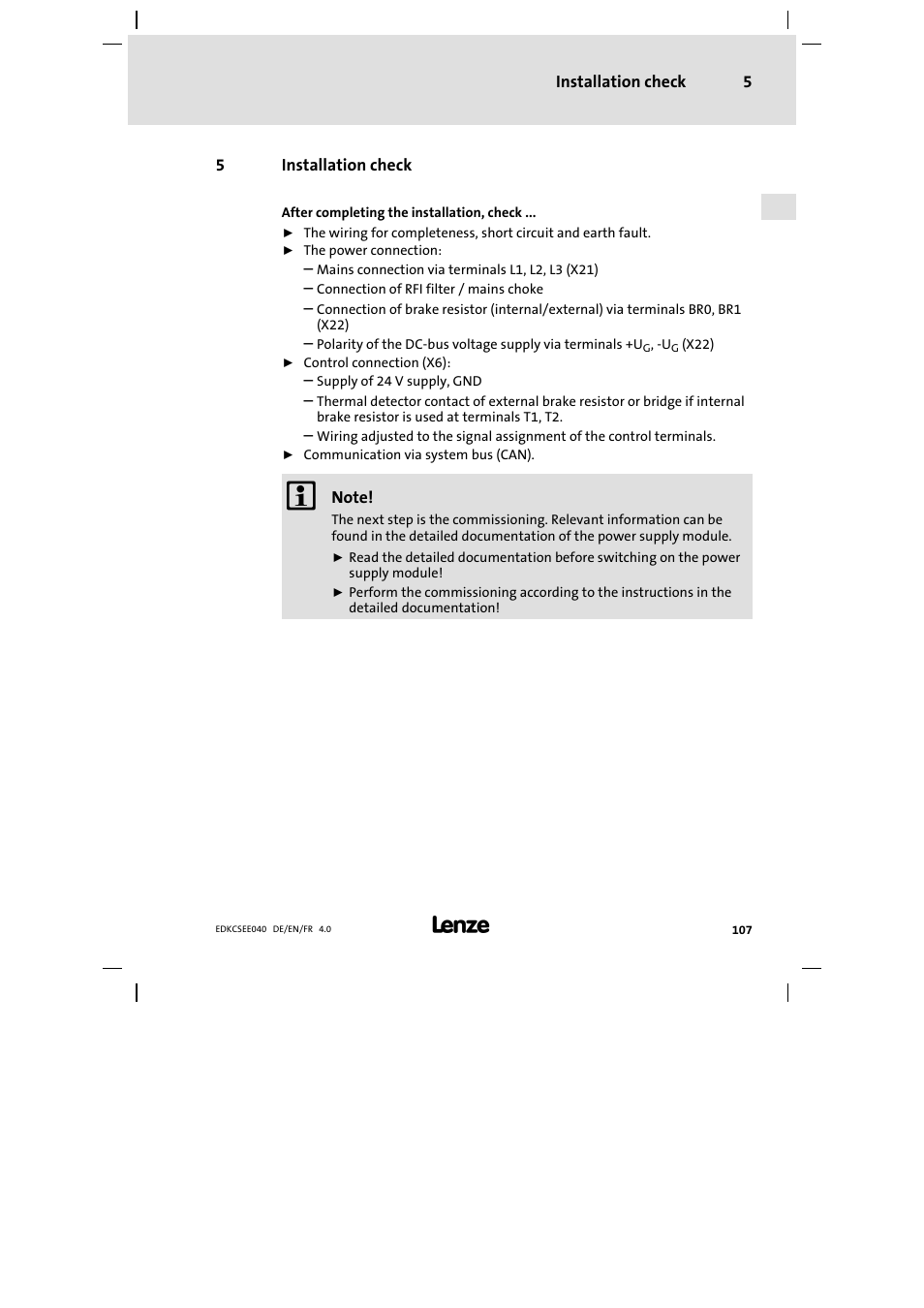 5 installation check | Lenze ECSEExxx User Manual | Page 107 / 164