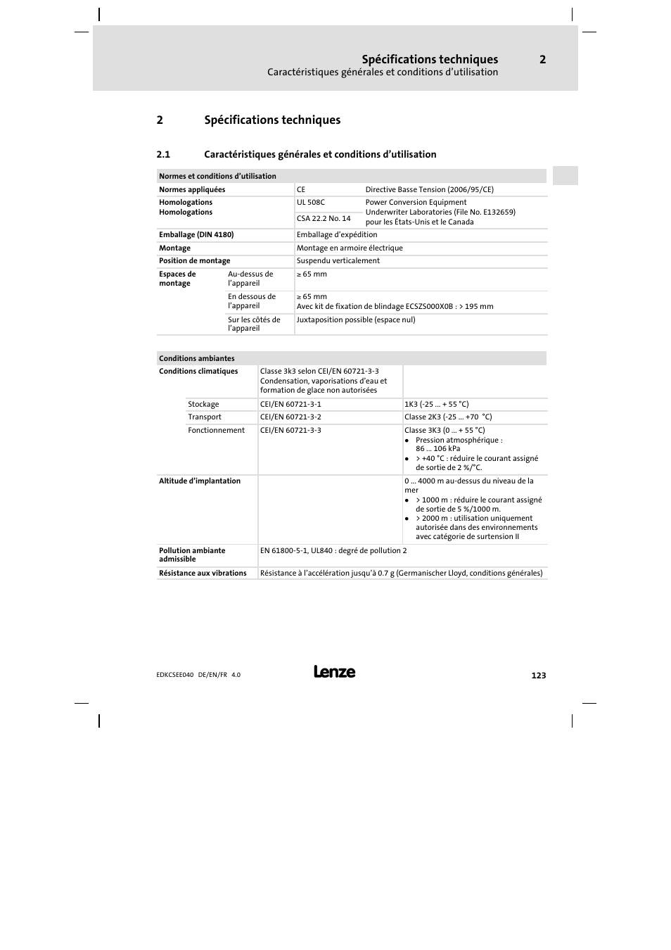 2 spécifications techniques, Spécifications techniques, 2spécifications techniques | Lenze ECSEExxx User Manual | Page 123 / 164