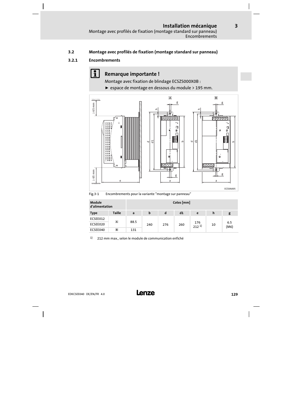 Encombrements, Installation mécanique, Remarque importante | Lenze ECSEExxx User Manual | Page 129 / 164