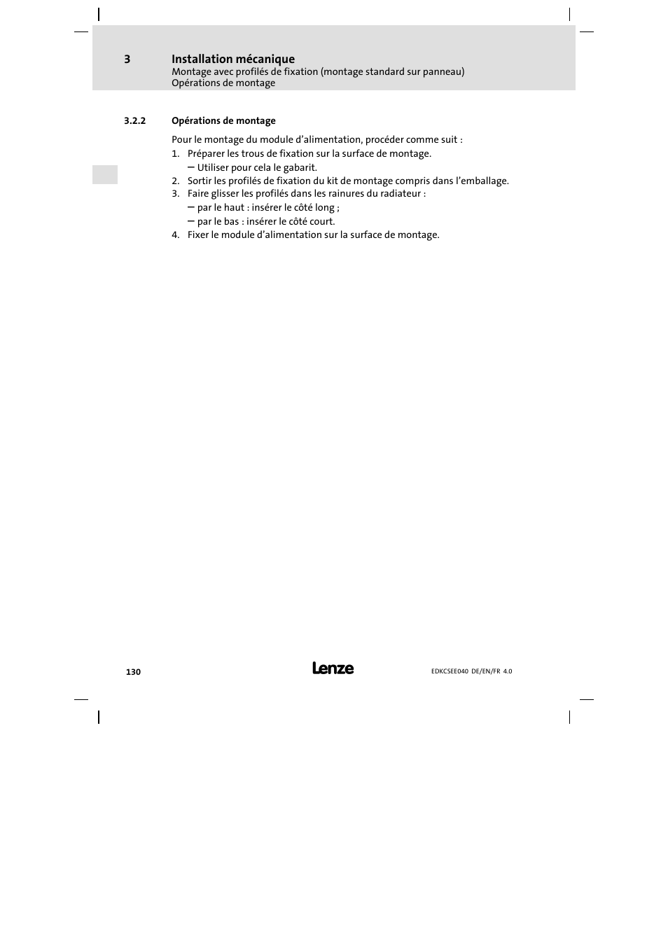 Opérations de montage | Lenze ECSEExxx User Manual | Page 130 / 164