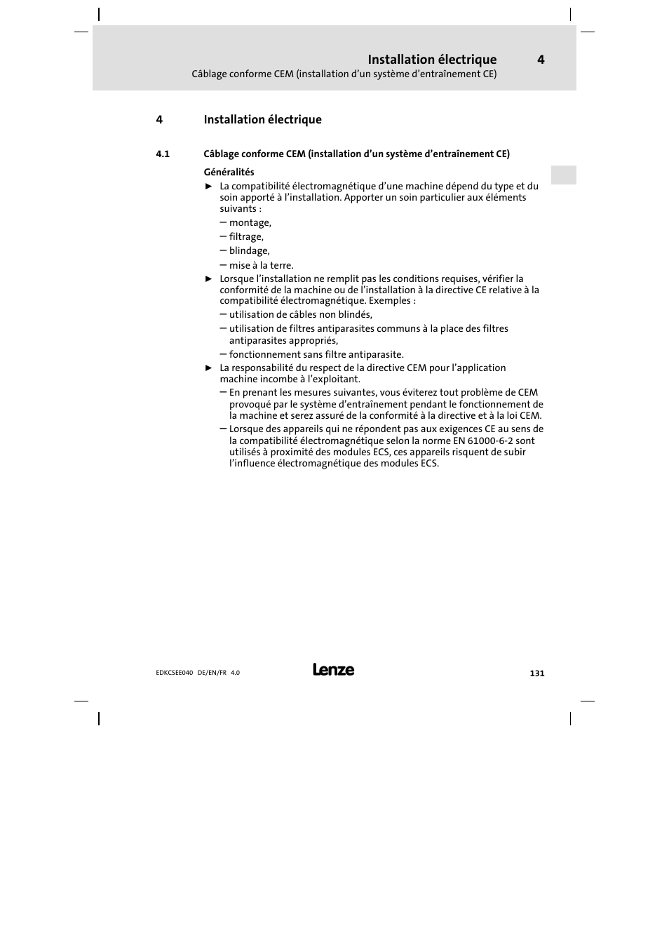 4 installation électrique, Installation électrique | Lenze ECSEExxx User Manual | Page 131 / 164