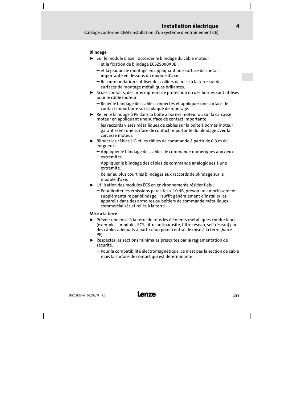 Installation électrique | Lenze ECSEExxx User Manual | Page 133 / 164