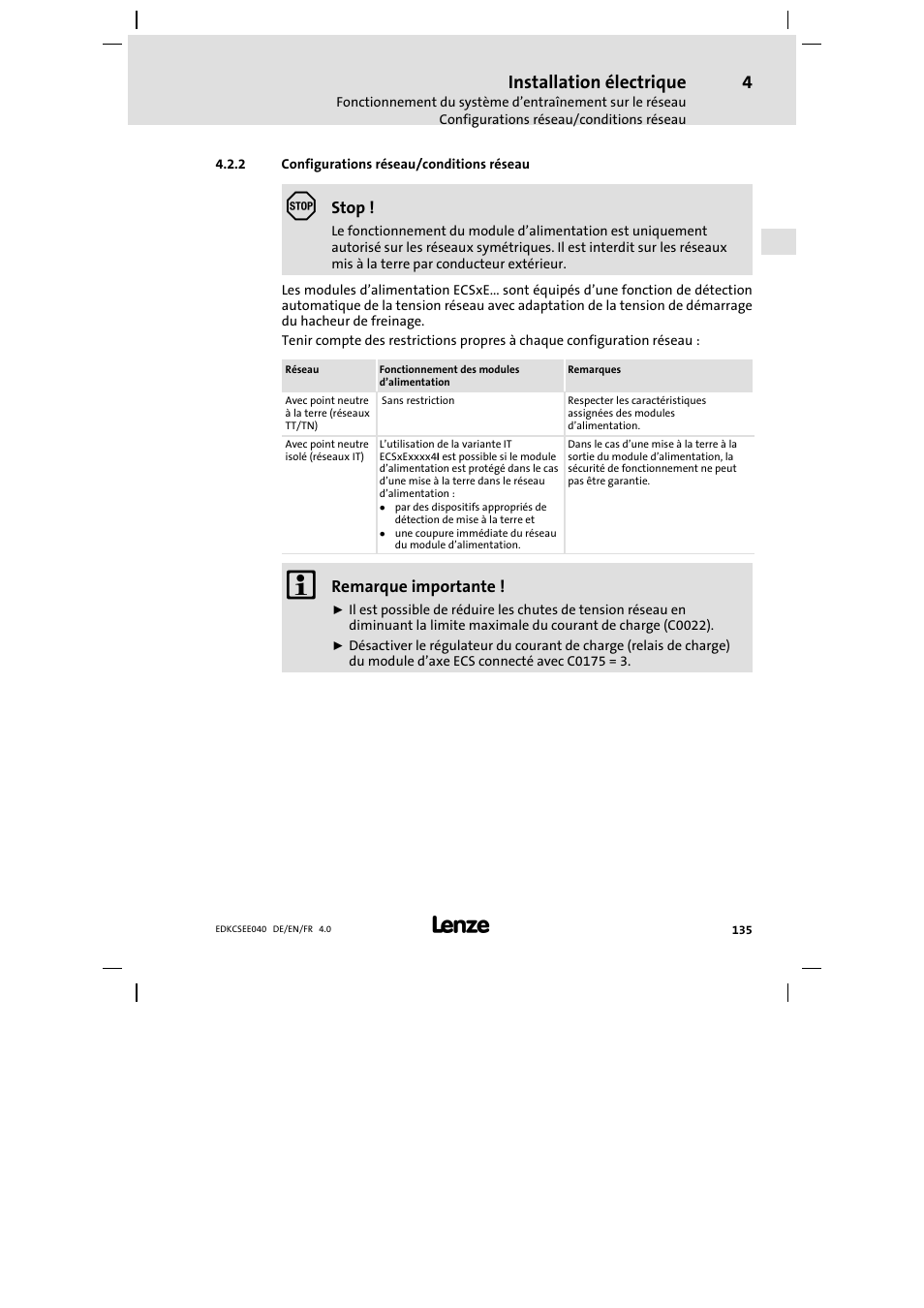 Configurations réseau/conditions réseau, Installation électrique, Stop | Remarque importante | Lenze ECSEExxx User Manual | Page 135 / 164