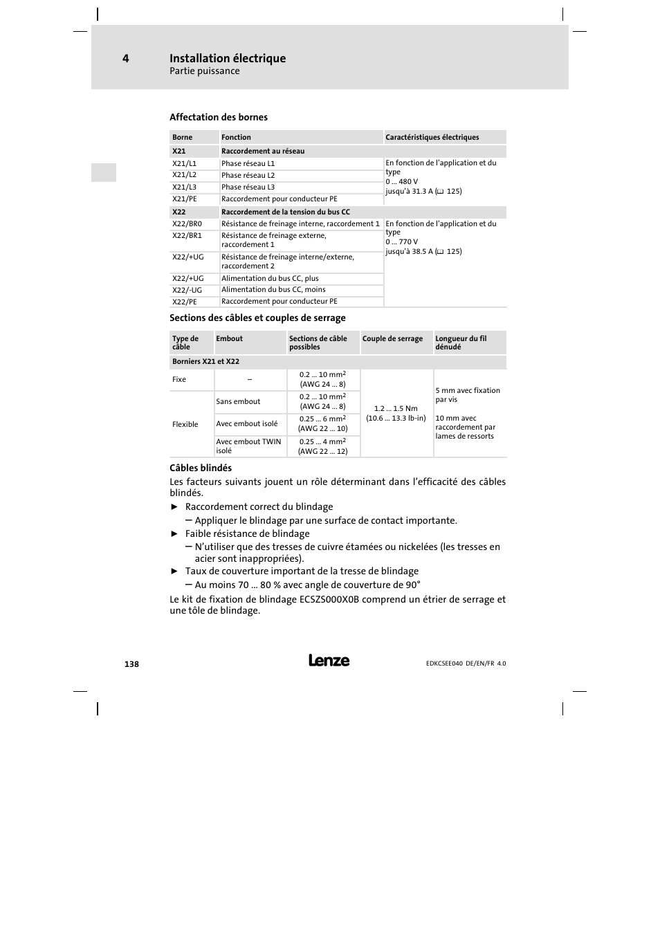 Installation électrique | Lenze ECSEExxx User Manual | Page 138 / 164