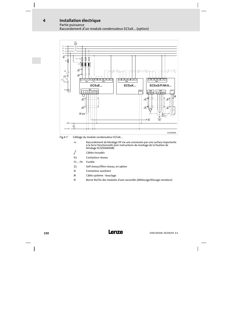 Installation électrique, Ecsxk, Ecsxe | Ecsxs/p/m/a | Lenze ECSEExxx User Manual | Page 150 / 164