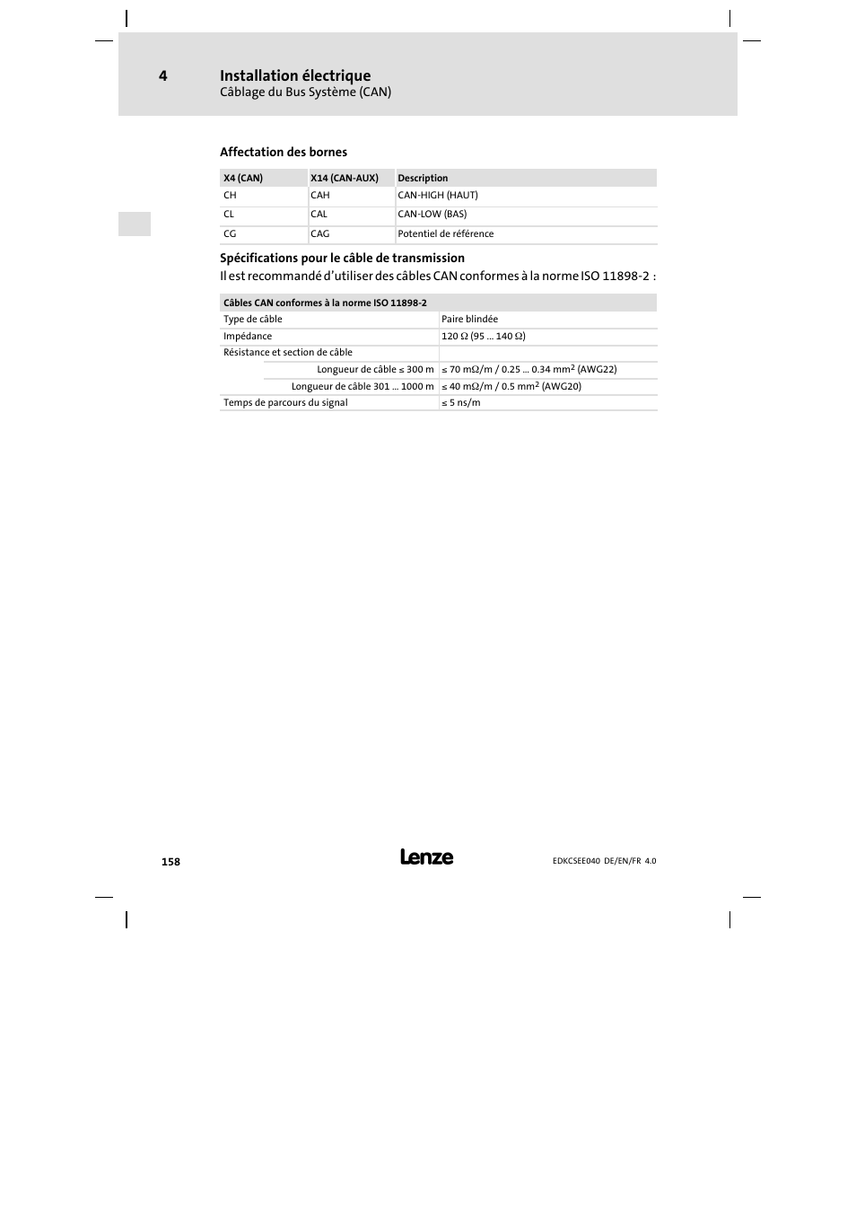 Installation électrique | Lenze ECSEExxx User Manual | Page 158 / 164