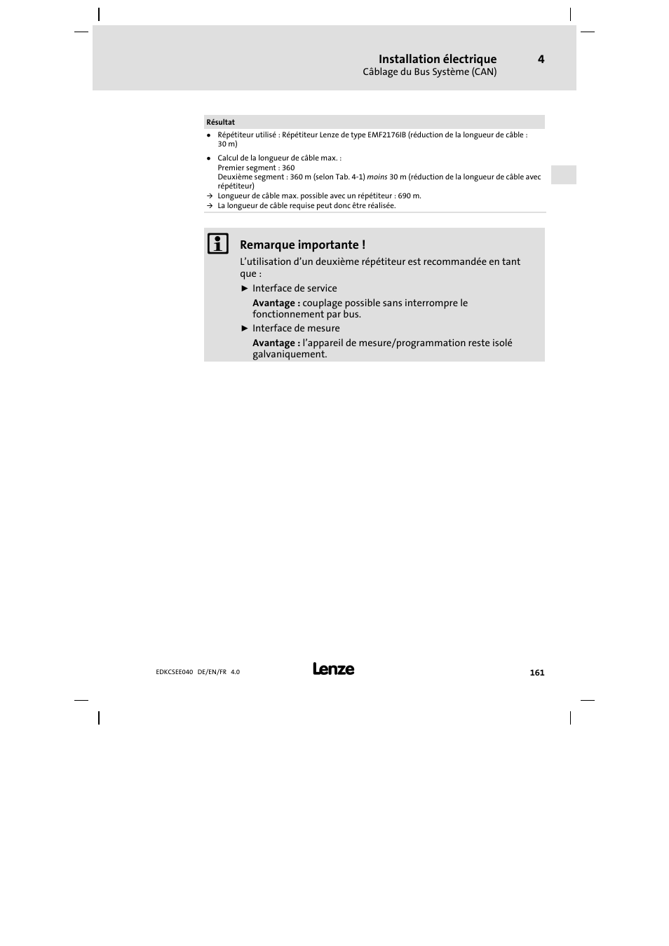 Installation électrique, Remarque importante | Lenze ECSEExxx User Manual | Page 161 / 164