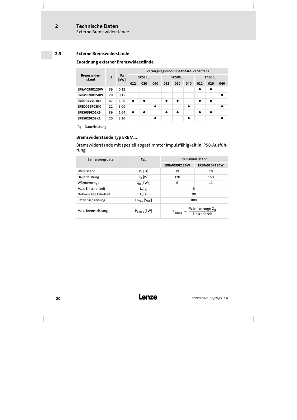 Externe bremswiderstände, Technische daten | Lenze ECSEExxx User Manual | Page 20 / 164