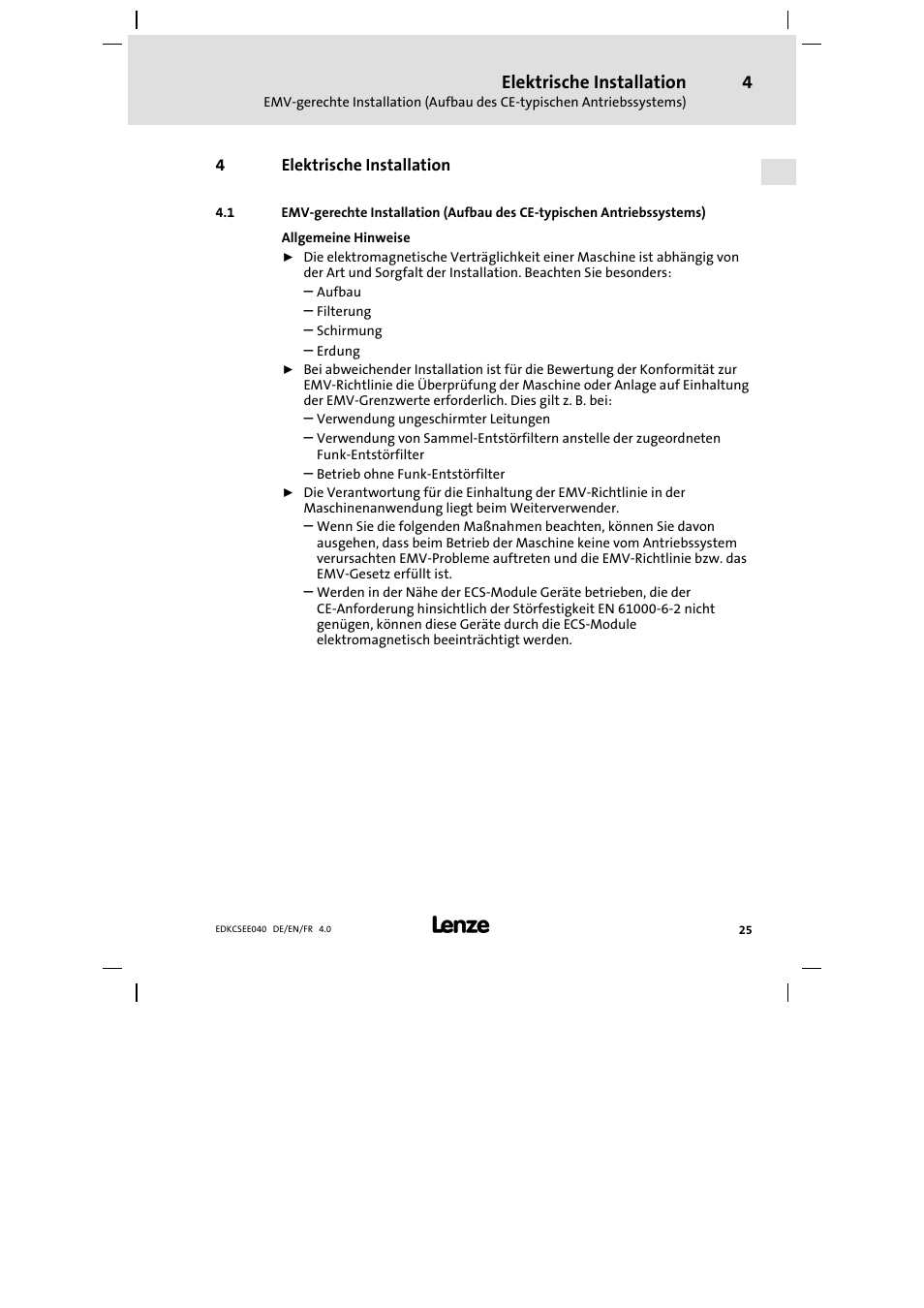 4 elektrische installation, Elektrische installation | Lenze ECSEExxx User Manual | Page 25 / 164