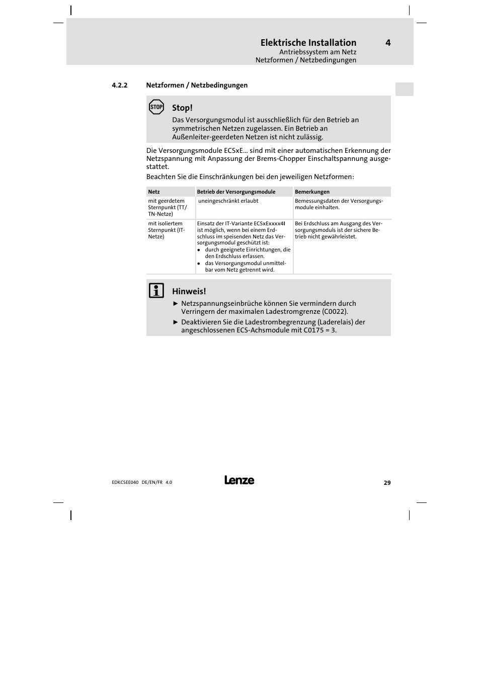 Netzformen / netzbedingungen, Elektrische installation, Stop | Hinweis | Lenze ECSEExxx User Manual | Page 29 / 164