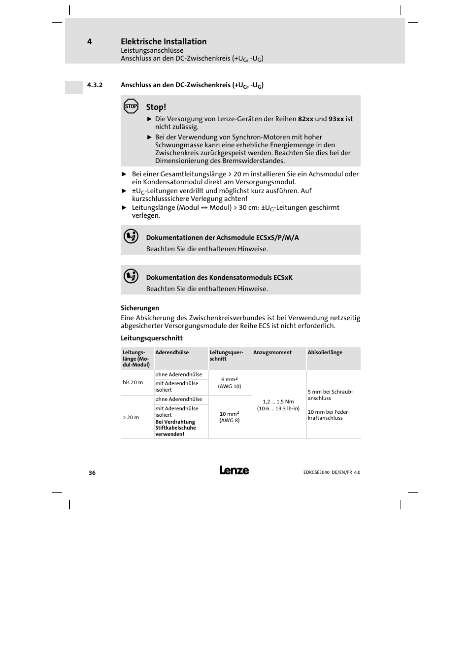 Anschluss an den dc-zwischenkreis (+ug, -ug), Elektrische installation, Stop | Lenze ECSEExxx User Manual | Page 36 / 164