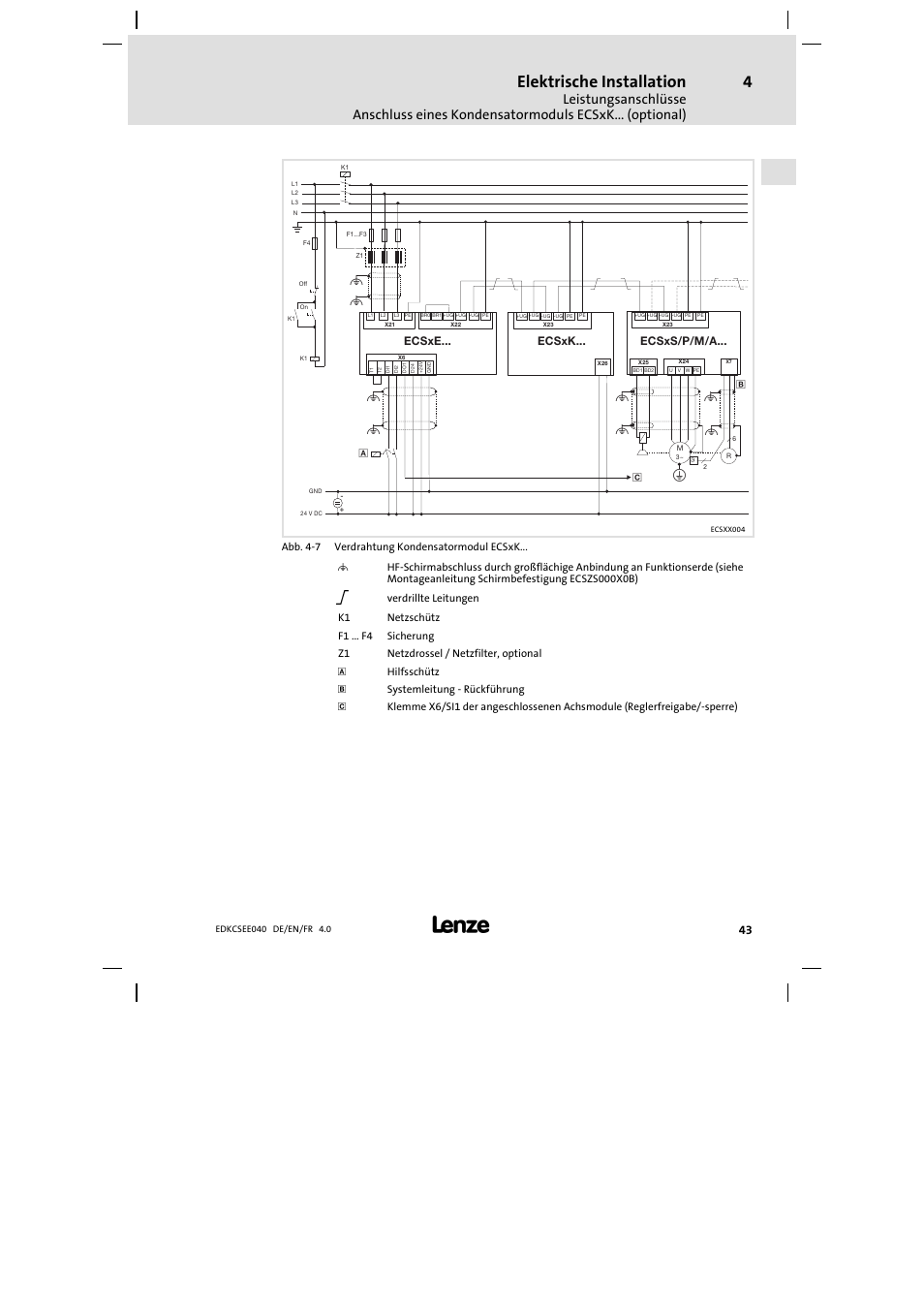 Elektrische installation, Ecsxk, Ecsxe | Ecsxs/p/m/a | Lenze ECSEExxx User Manual | Page 43 / 164