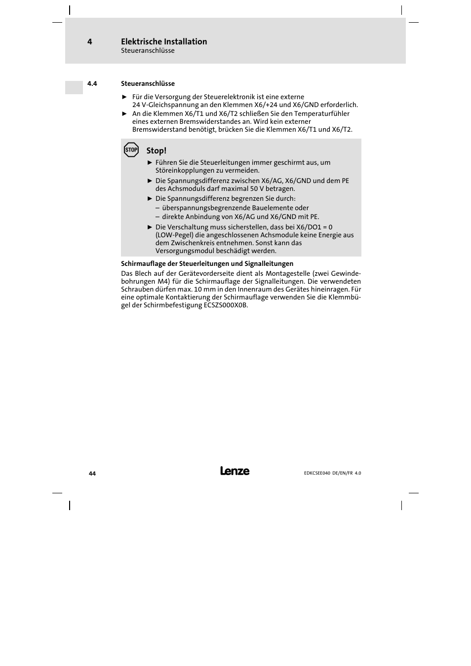 Steueranschlüsse | Lenze ECSEExxx User Manual | Page 44 / 164