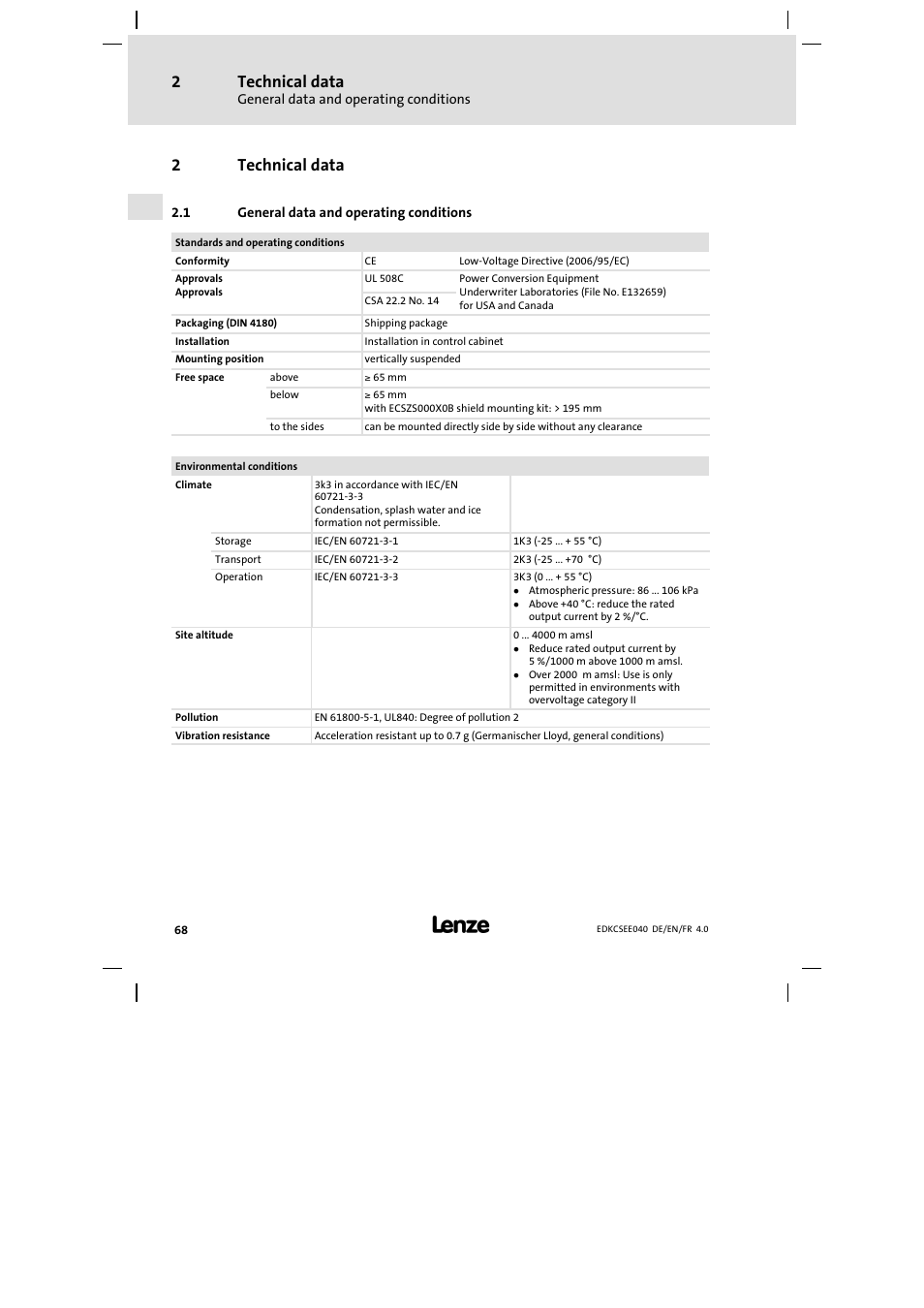 2 technical data, General data and operating conditions, Technical data | 2technical data | Lenze ECSEExxx User Manual | Page 68 / 164