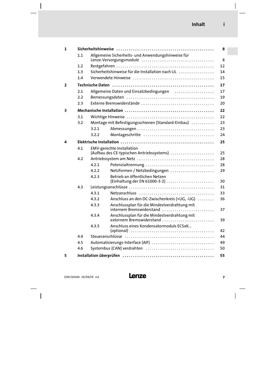Inhalt | Lenze ECSEExxx User Manual | Page 7 / 164