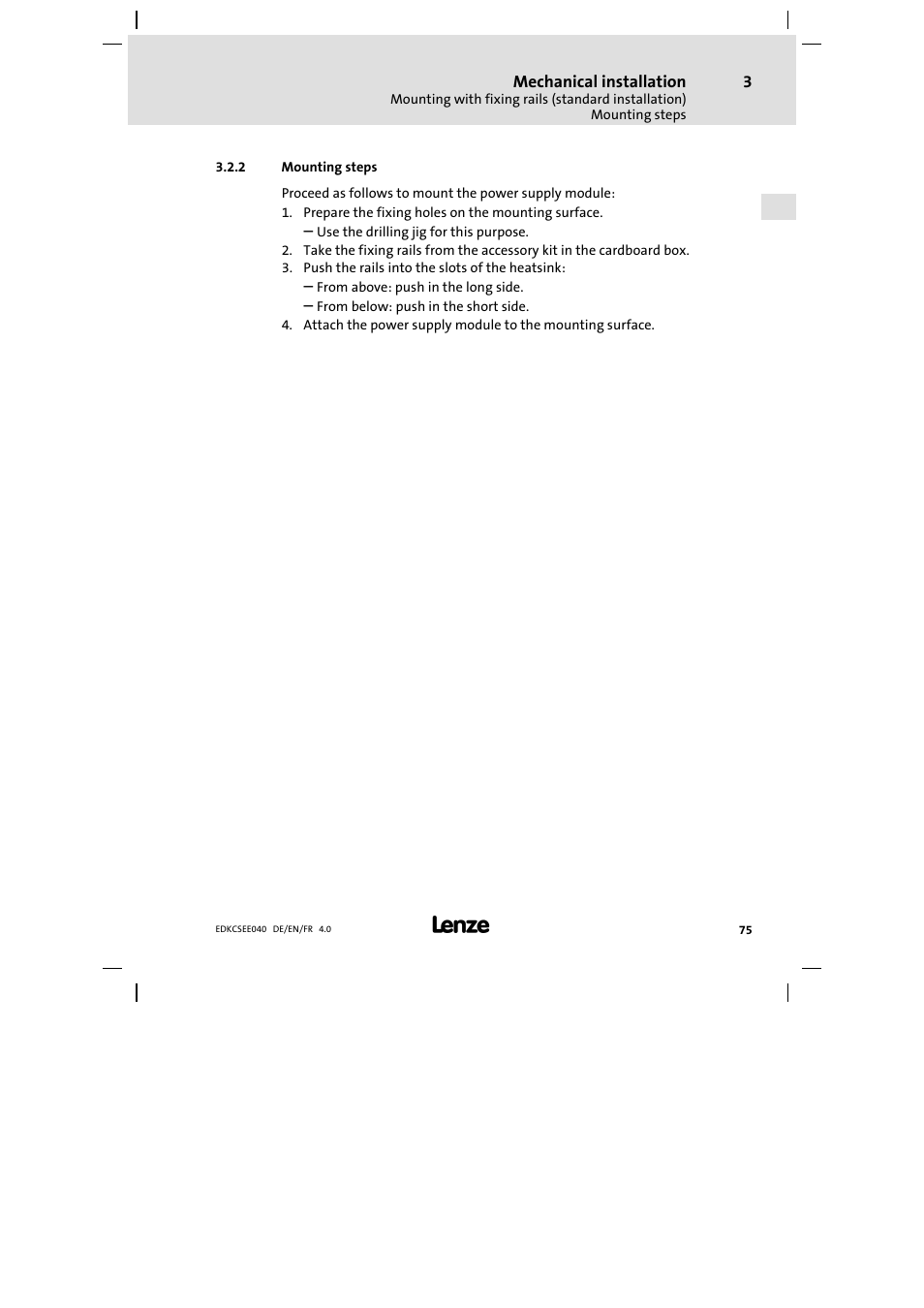 Mounting steps | Lenze ECSEExxx User Manual | Page 75 / 164