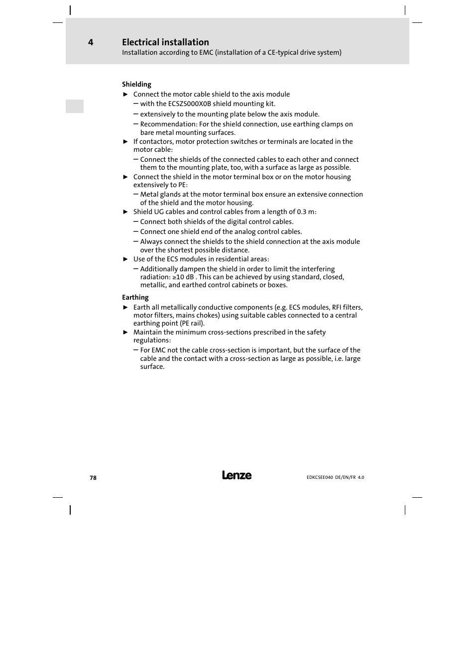 Electrical installation | Lenze ECSEExxx User Manual | Page 78 / 164