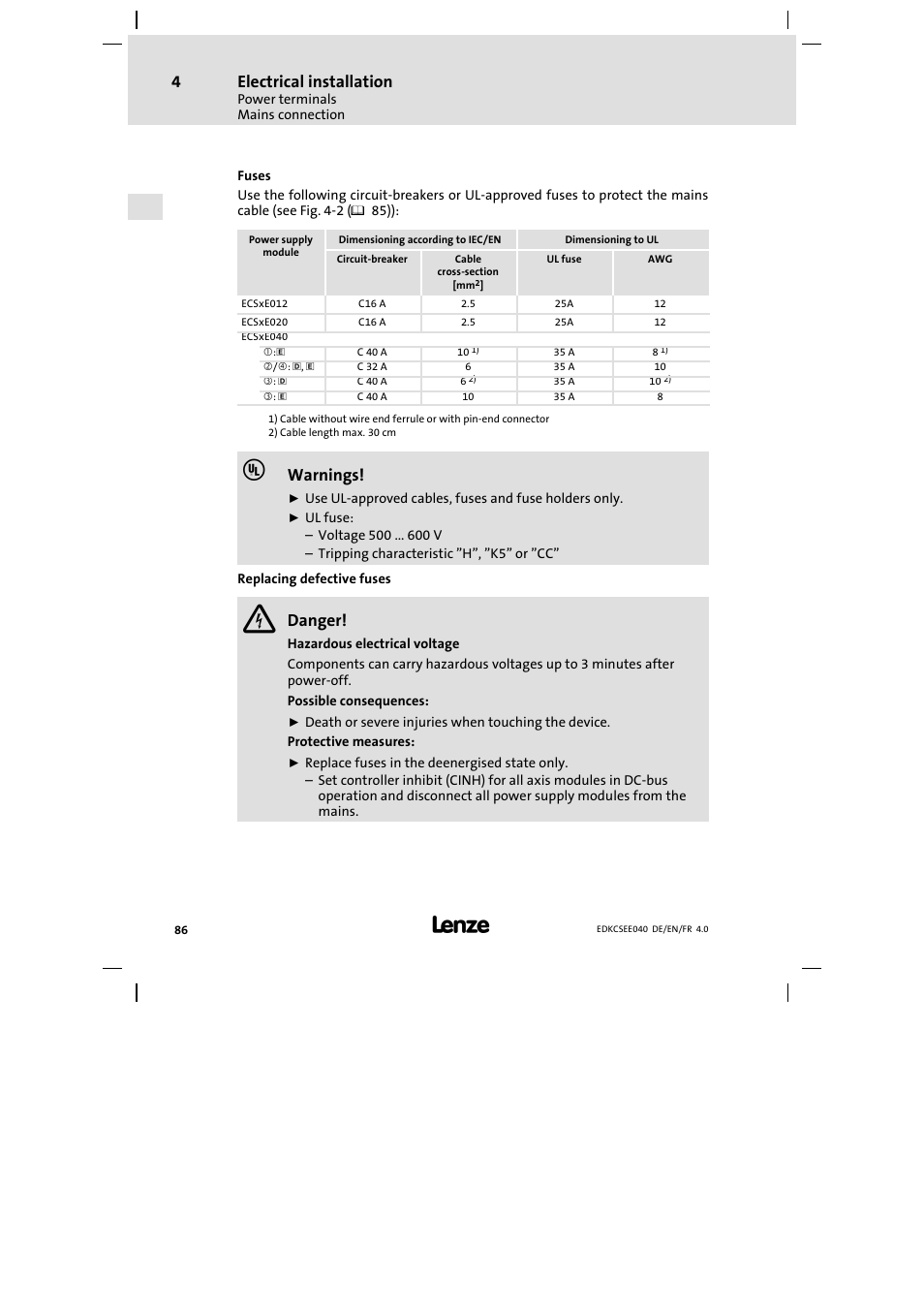 Electrical installation, Warnings, Danger | Lenze ECSEExxx User Manual | Page 86 / 164