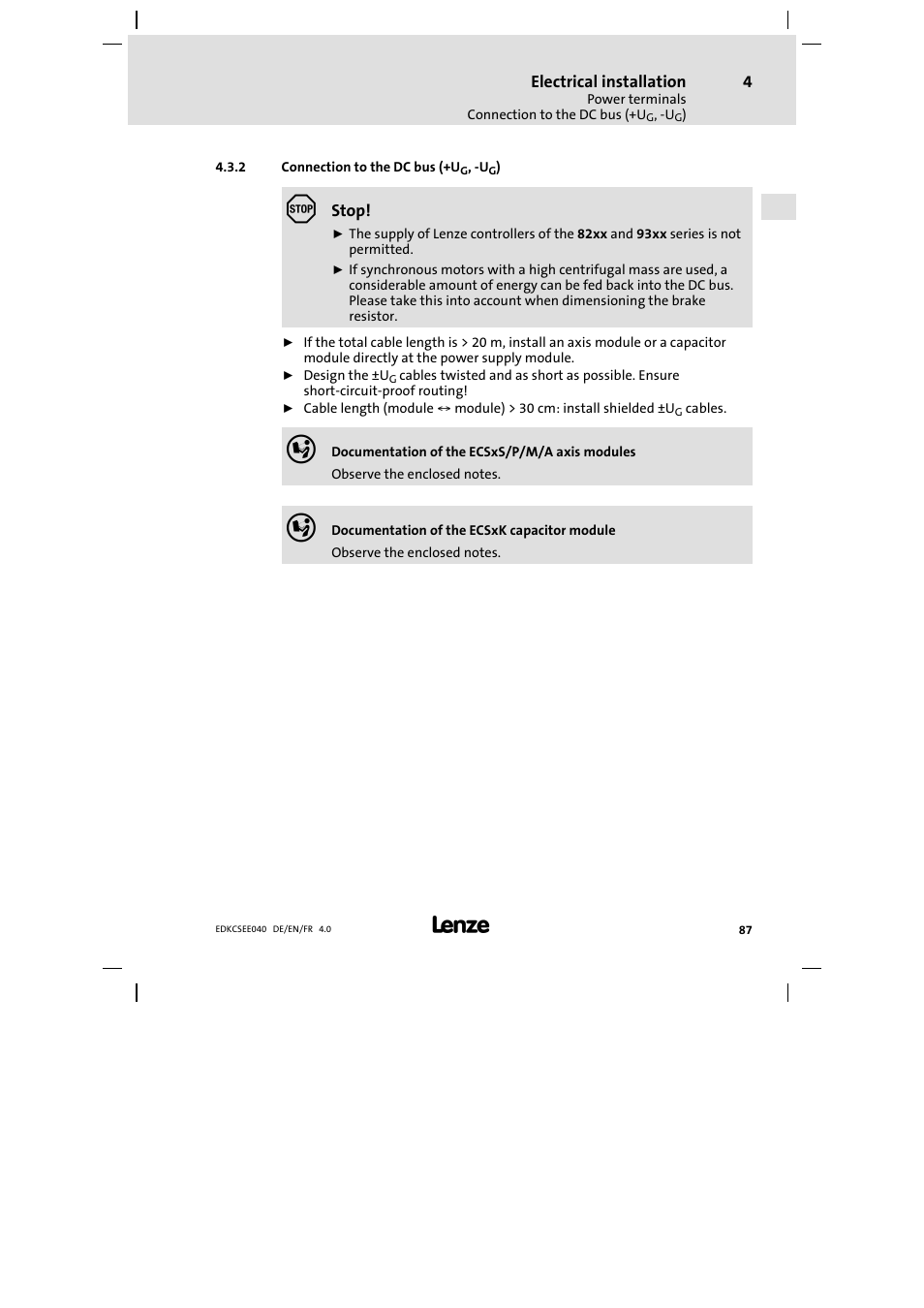 Connection to the dc bus (+ug, -ug) | Lenze ECSEExxx User Manual | Page 87 / 164