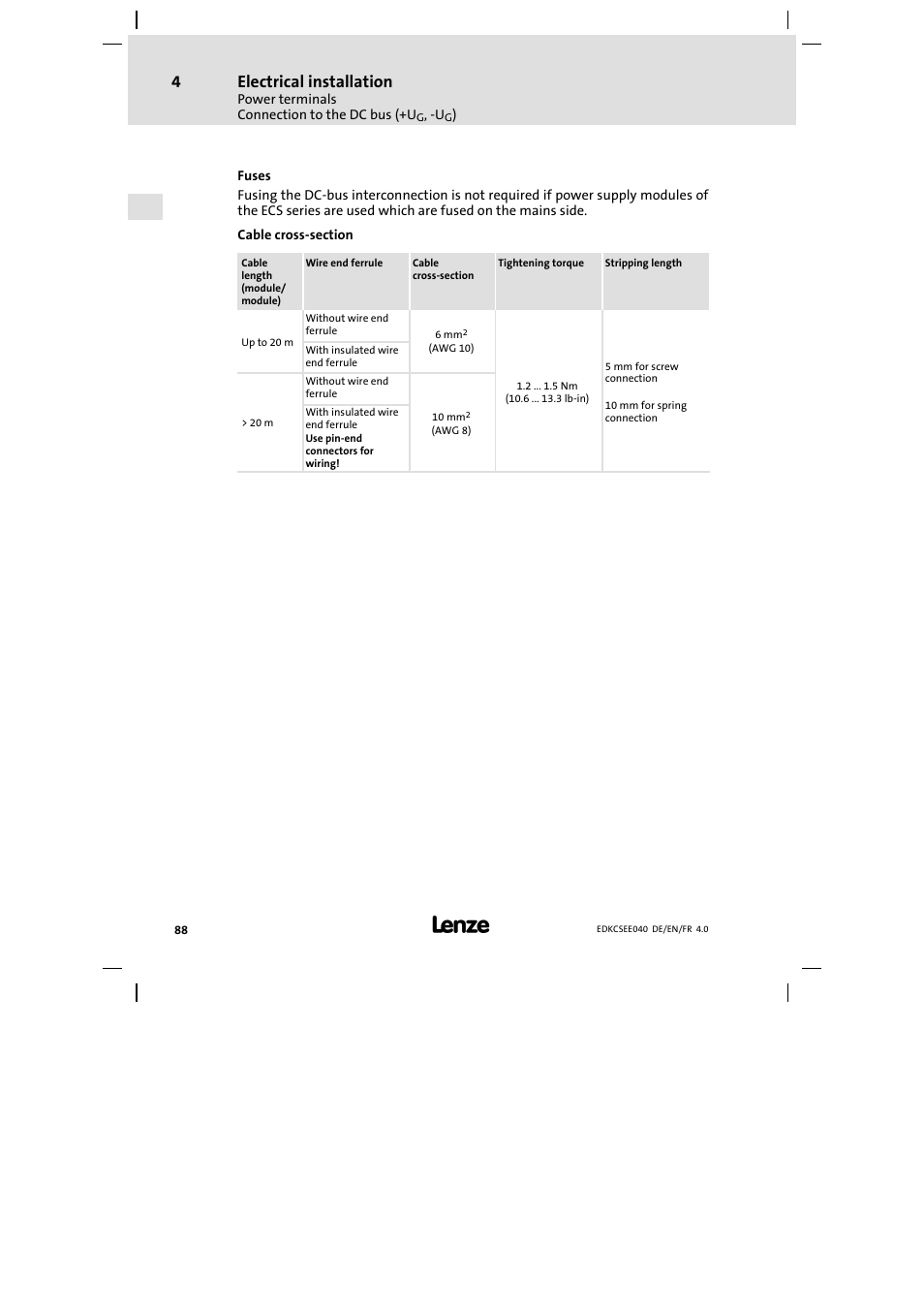 Electrical installation | Lenze ECSEExxx User Manual | Page 88 / 164