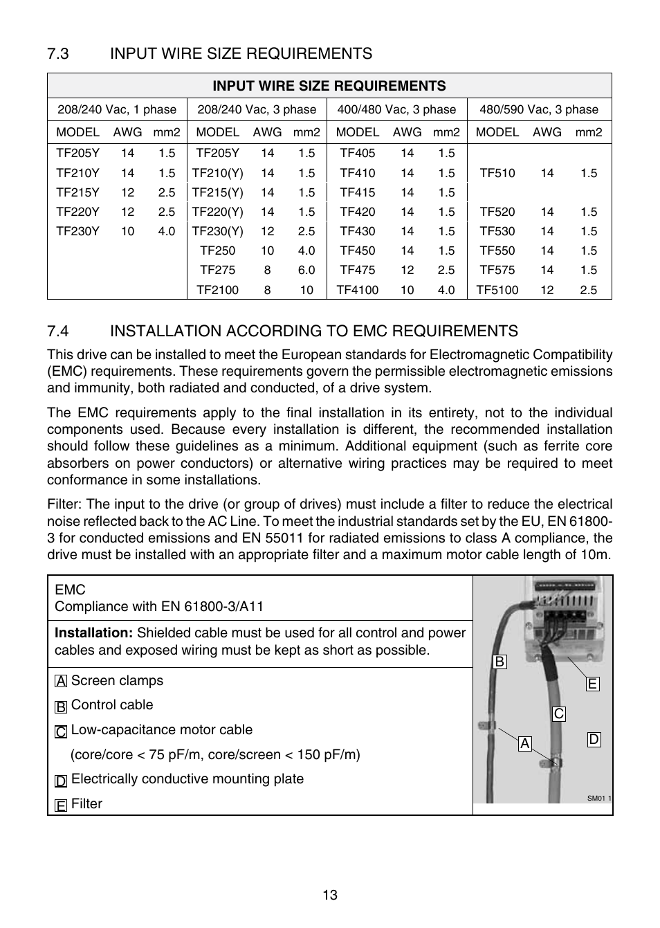 7 .3 input wire size requirements, 7 .4 installation according to emc requirements | Lenze TCF Series User Manual | Page 17 / 76