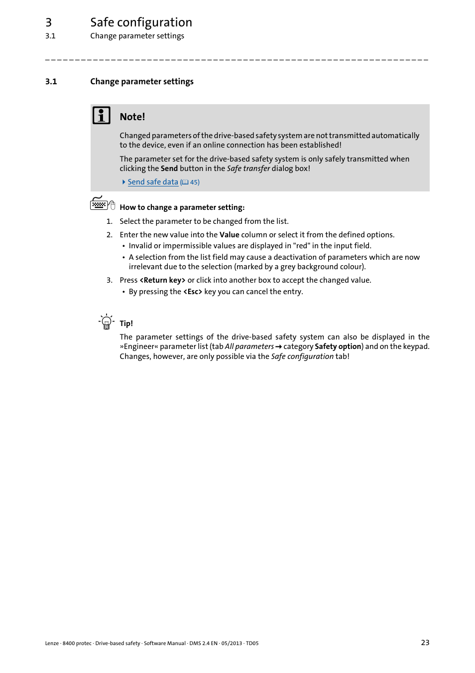 1 change parameter settings, Change parameter settings, 3safe configuration | Lenze E84Dxxxxx User Manual | Page 23 / 70