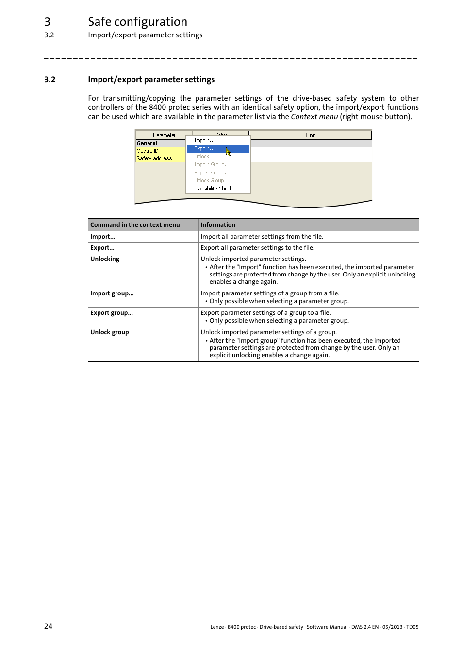 2 import/export parameter settings, Import/export parameter settings, 3safe configuration | Lenze E84Dxxxxx User Manual | Page 24 / 70