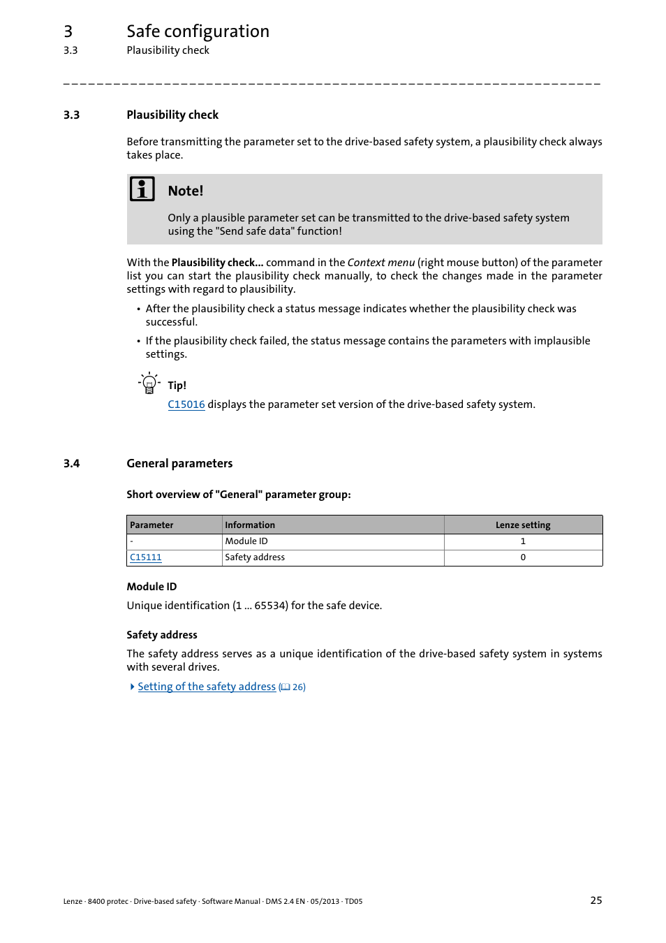 3 plausibility check, 4 general parameters, Plausibility check | General parameters, 3safe configuration | Lenze E84Dxxxxx User Manual | Page 25 / 70