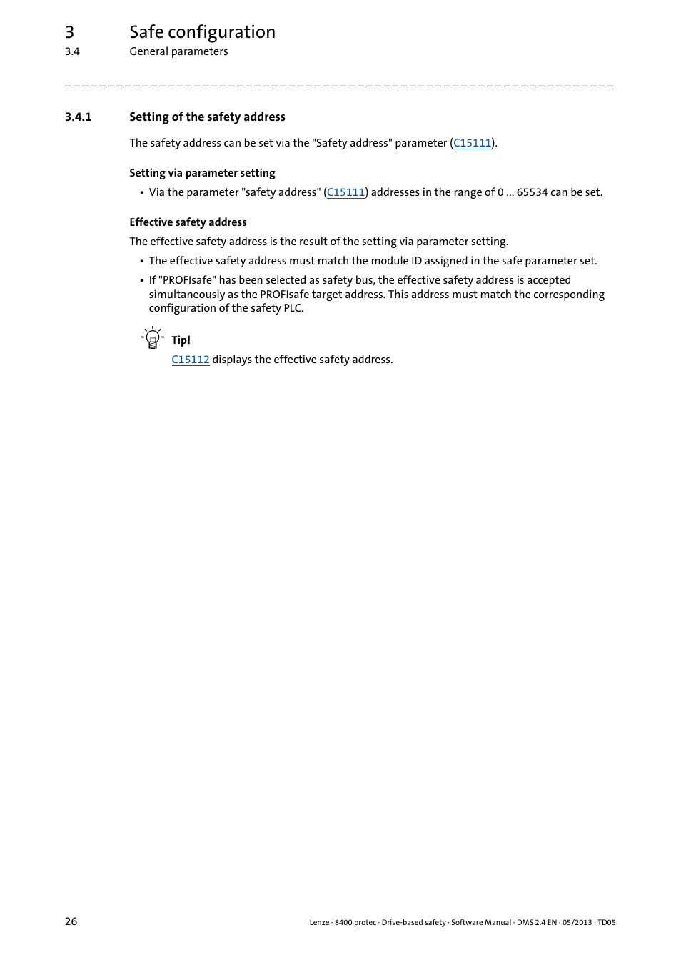 1 setting of the safety address, Setting of the safety address, 3safe configuration | Lenze E84Dxxxxx User Manual | Page 26 / 70