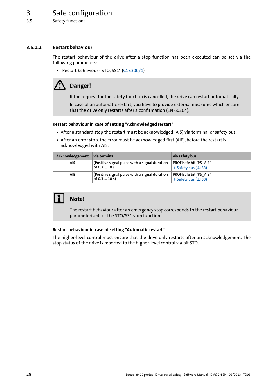 2 restart behaviour, Restart behaviour, 3safe configuration | Danger | Lenze E84Dxxxxx User Manual | Page 28 / 70