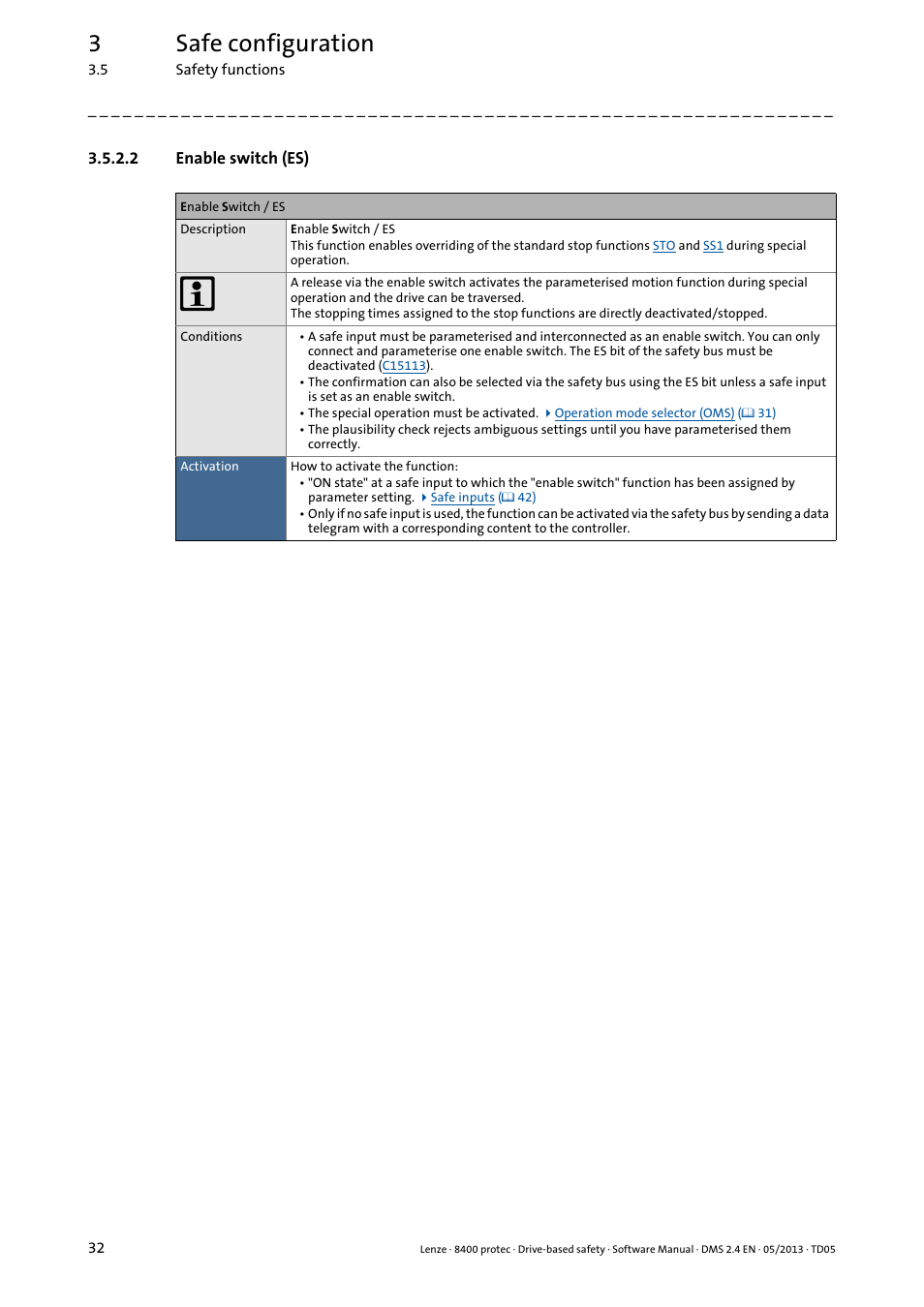 2 enable switch (es), Enable switch (es), Enable switch (es) ( 32) | 3safe configuration | Lenze E84Dxxxxx User Manual | Page 32 / 70