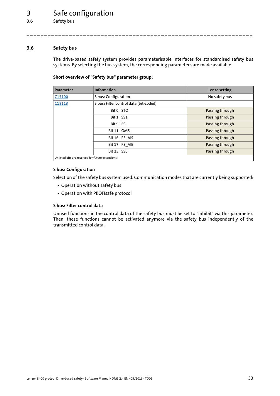 6 safety bus, Safety bus, Safety bus ( 33) | 3safe configuration | Lenze E84Dxxxxx User Manual | Page 33 / 70