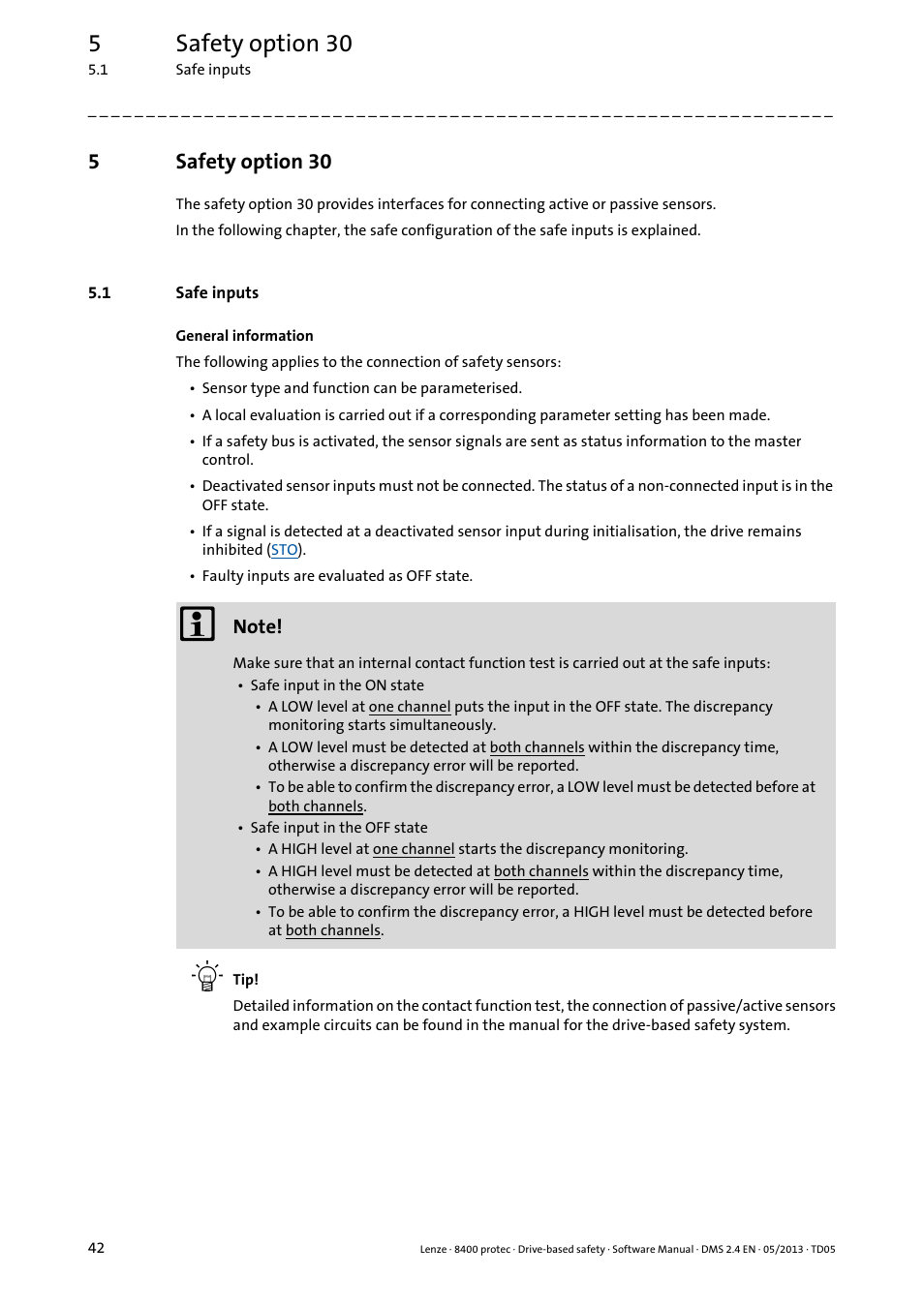 5 safety option 30, 1 safe inputs, Safety option 30 | Safe inputs, Safe inputs ( 42), 5safety option 30 | Lenze E84Dxxxxx User Manual | Page 42 / 70