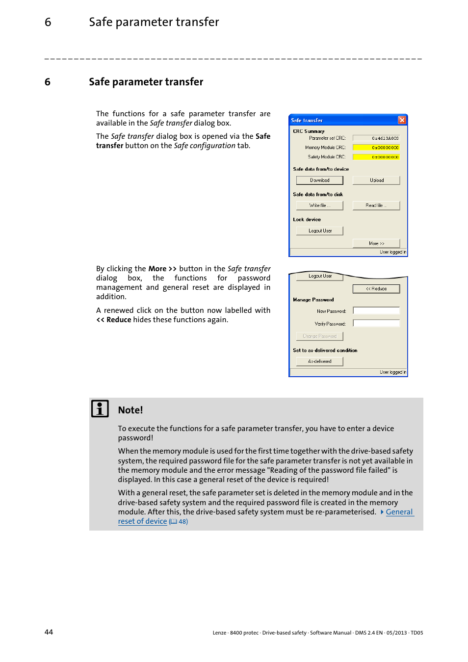 6 safe parameter transfer, Safe parameter transfer, 6safe parameter transfer | Lenze E84Dxxxxx User Manual | Page 44 / 70
