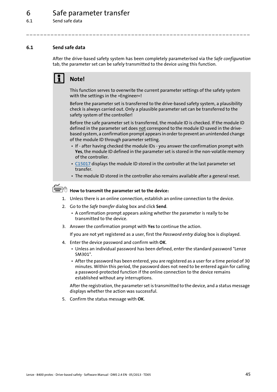 1 send safe data, Send safe data, 6safe parameter transfer | Lenze E84Dxxxxx User Manual | Page 45 / 70