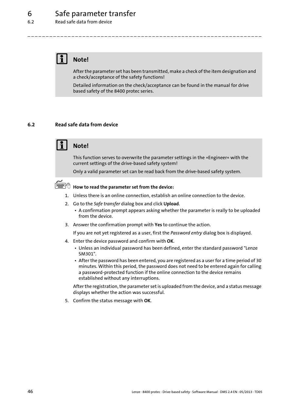2 read safe data from device, Read safe data from device, 6safe parameter transfer | Lenze E84Dxxxxx User Manual | Page 46 / 70