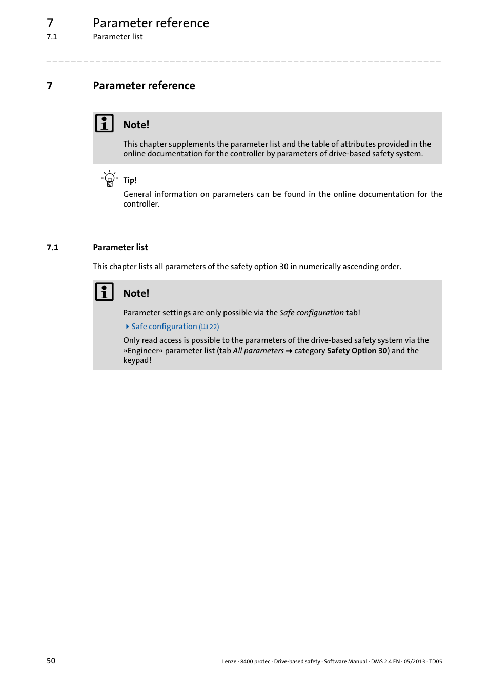 7 parameter reference, 1 parameter list, Parameter reference | Parameter list, 7parameter reference | Lenze E84Dxxxxx User Manual | Page 50 / 70
